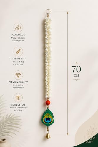 Image of Temple Decoration Item| Backdrop for Pooja Decor| Diwali Decor Item| Hanging for Home Decoration| Wall Hanging Temple| Mor Pankh gardland for Home, 21 inch| (6 Floral Pecock Feather)