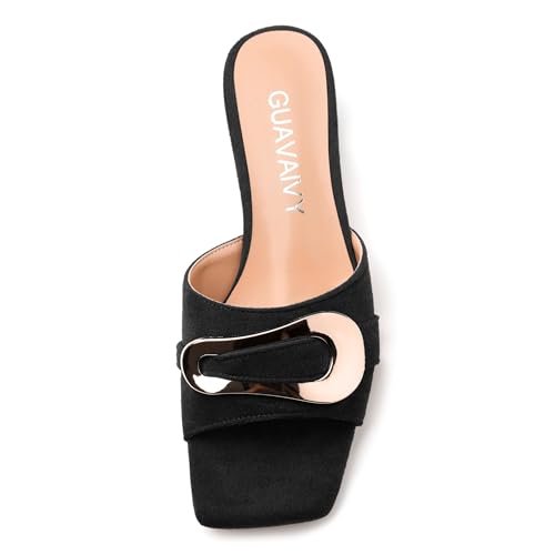 Low Heel Sandals Women - Square Toe Slip-On with Gold Metal Details, Chunky Solid Color Shoes for Office & Casual Gatherings3