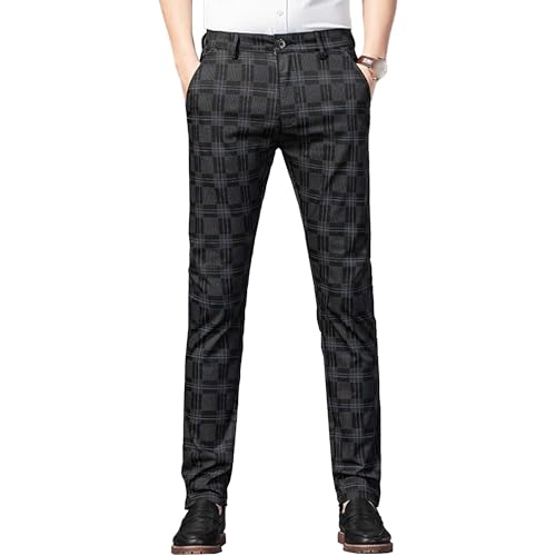 Men Plaid Business Dress Pants Skinny Flat-Front Casual Pant Comfy Slim Fit Business Trousers