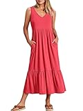 ANRABESS Womens Summer Maxi Dresses Fit & Flare Flowy V Neck Sleeveless Swing Casual Tiered Beach Sundress with Pockets Peach Small