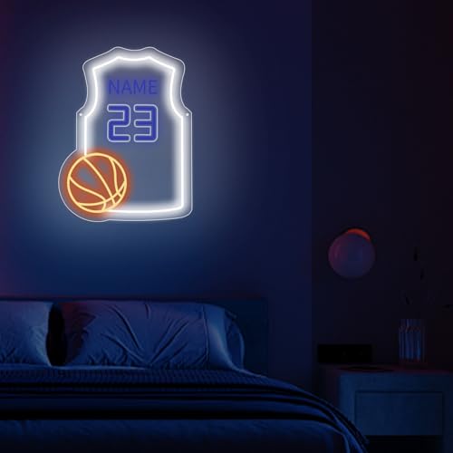 Image of Custom Basketball Jersey Neon Signs Basketball Neon Sign with Custom Name and Number Personalized Sports Neon Light for Bedroom Sports Light Up Sign for Wall Led Signs for Basketball Lover Gifts