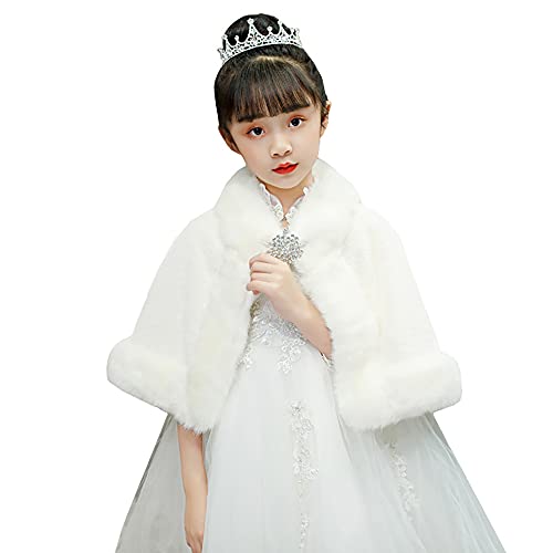 iCaicoyo Wrap Shawl for Girls Faux Fur Cloak for Children Princess Shoulder Cape for Dress Tippet Stole for Wedding Christmas Costume Party White