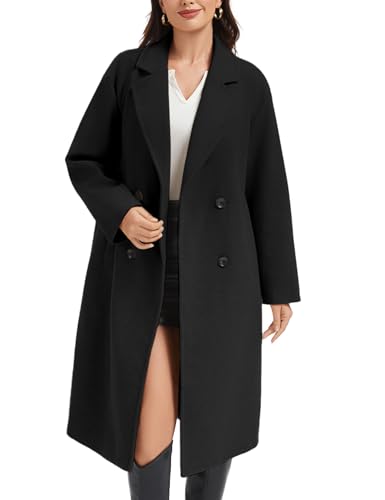 Flygo Womens Long Pea Coat Notch Lapel Double Breasted Trench Coat Fall Winter Overcoat Long Jacket