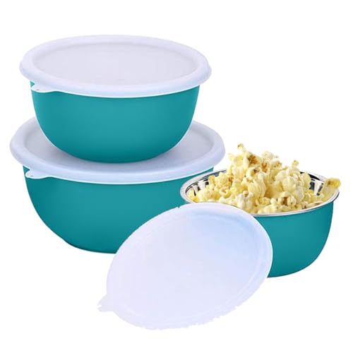 Image of Zaib Microwave Safe Stainless Steel Mixing Bowl Set with Lids | 500ml, 750ml, 1250ml | Kitchen Food Storage Containers | Pack of 3 (Plain Turquoise 3)