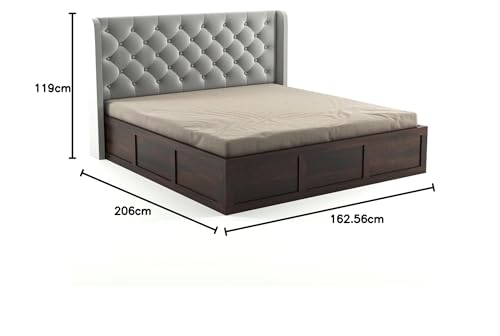 Image of Solid Sheesham Wood Queen Size Bed with Storage | Wooden Double Bed Cot Bed with Box Storage & Velvet Upholstered Cushioned Headboard for Bedroom (Walnut D, Queen)