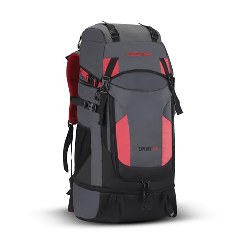 Gear Explore 75L Extra Large Water Resistant Rucksack/Travel bag/For Men & Women(Grey - Red)