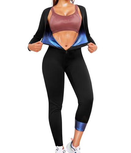 Junlan Sauna Suit for Women Full Body Compression Suit Sweat Jumpsuit Waist Trainer for Working Out(Black,Large)