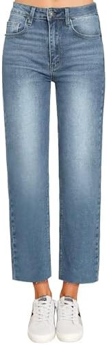 KDF Cropped Straight Leg Jeans for Women - High Waisted Jeans for Women 7/8 Length Light Blue Jeans Denim Pants with Crop Hem Size 6