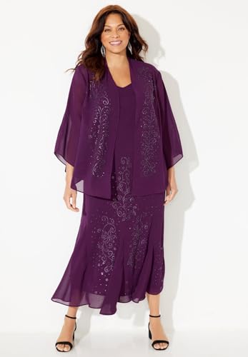Image of Catherines Masquerade Beaded Dress Set | Women's Plus Size Petite Lace, Sequin, Wedding, Mother of the Bride 18 WP, Victoria Purple