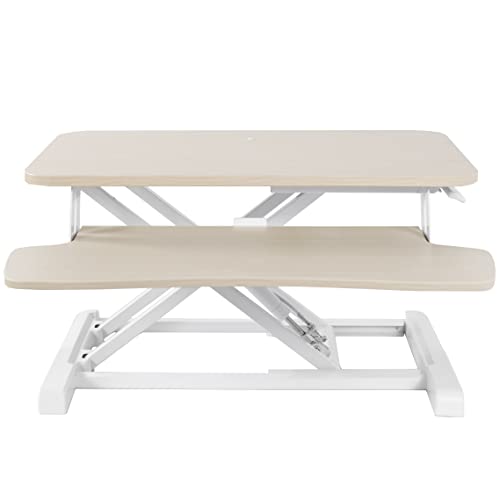 Image of VIVO 26 inch Desk Converter, K Series, Height Adjustable Sit to Stand Riser, Dual Monitor and Laptop Workstation with Keyboard Tray, Light Wood Top, White Frame, DESK-V026KF