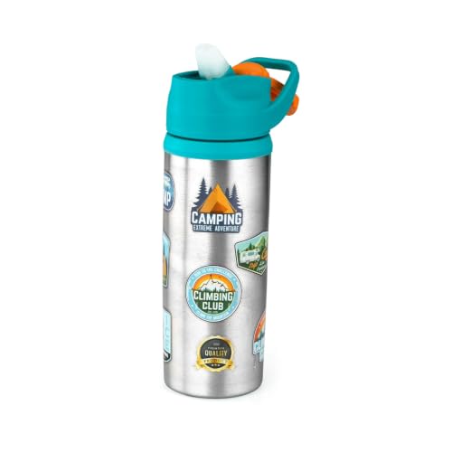 Image of Stainless Steel 600ML Sipper Water Bottle for kids & adults | Leakproof BPA Free School Water Bottle | Camping Adventure Print Steel Sipper Bottle (Pack of 1, Green)