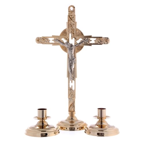Holyart Brass Altar Set with bicoloured Crucifix and candlesticks