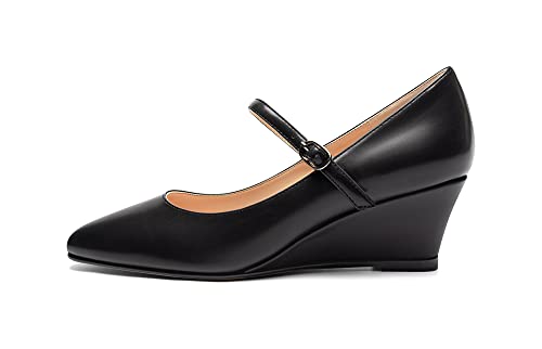 Mettesally Women's Wedge Pumps Pointed Toe Ankle Strap Mid Heel Comfortable Dress Shoes