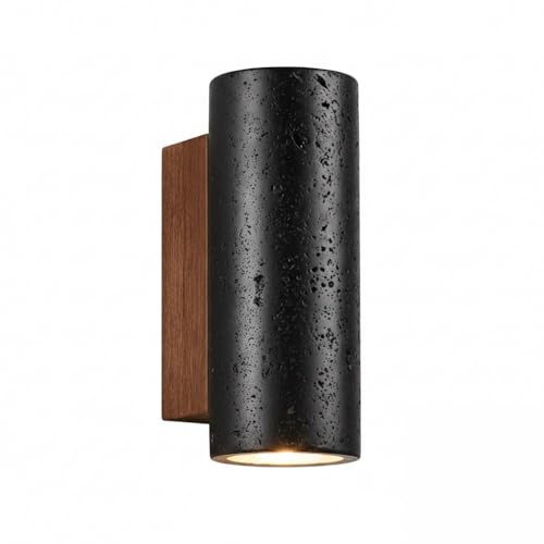 Cylinder Marble Wall Lamp with Solid Wood Base, Modern Black