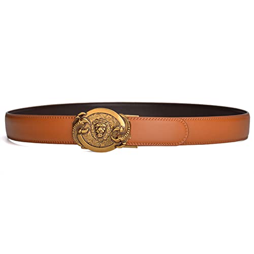 Men Women Leather Ratchet Click Belt Dress with Lion Head and Paws Automatic Buckle Western Cowboy Slide Waist Belt (120cm/waist:41", Orange)2