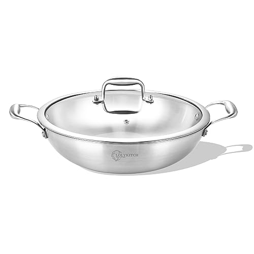 LOLYKITCH 10 Inch Tri-Ply Stainless Steel Wok Pan with Lid,2.5 QT Induction Cooking Pot,Dishwasher and Oven Safe