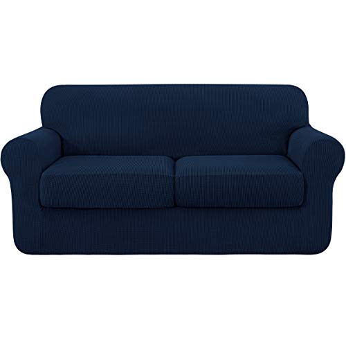 3 Piece Sofa Cover High Stretch Couch Slipcover for 2 Cushion Soft Sofa Slipcover Loveseat Cover Jacquard Fabric Furniture Covers with Elastic Bottom Machine Washable(Navy,Medium)