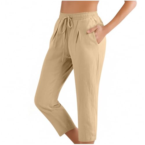 Image of ABABC Linen Capri Pants for Women Casual Straight Wide Leg Capri Pant Loose Lightweight Drawstring Beach Cropped Trousers
