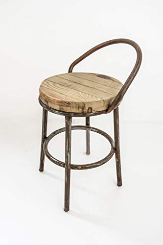 Taburete Bajo con Respaldo Metal y Madera TOM Oxidado Sam, Asiento de Madera, 63x35cm. Incluye Imán Personalizable de Regalo.
