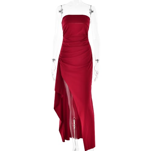 Image of Women's Sexy Strapless Backless High Split Long Maxi Dress Ruched Off Shoulder Sleeveless Bodycon Party Cocktail Dresses