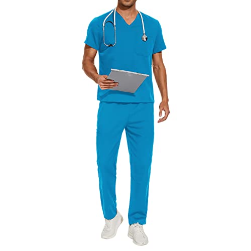niaahinn Scrub Set Men and Women Medical Uniform Unisex Workwear Classic Top & Pant (Blue, M)