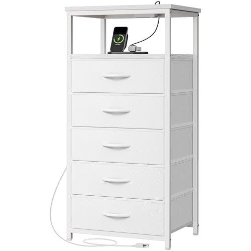Huuger White Dresser with 5 Drawers & Charging Station, Tall Dresser for Bedroom, Tall Night Stand...