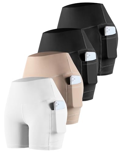 Womens Biker Yoga Shorts with Pockets: High Waisted Tummy Control Spandex Workout Athletic Gym Shorts 4 Packs(5'' 2Black,Skin,White, XL)