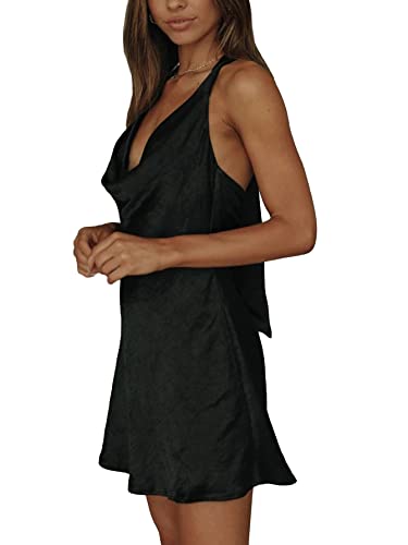 Lyaner Women's Satin Silk Cowl Neck Halter Self Tie Back Cocktail Bodycon Short Dress Black Medium #TOP2