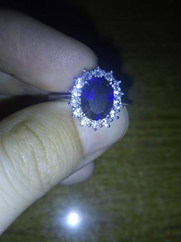 Beaux Bijoux Sterling Silver Large Oval Created Blue Sapphire and Clear Cubic Zirconia Statement Bridal Engagement Princess Diana/Kate Middleton Royal Ring