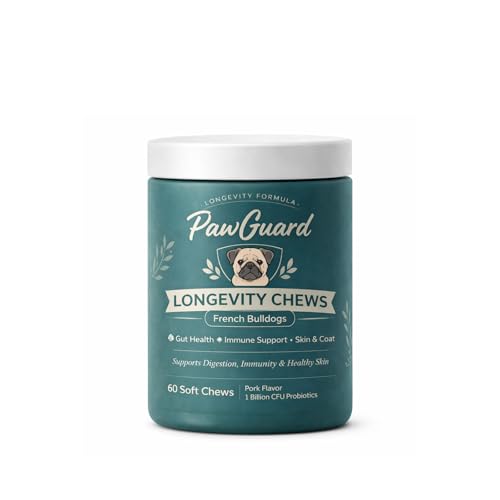 PawGuard French Bulldog Longevity Chews Probiotics Digestive Enzymes Glucosamine and Chondroitin Soft Chews Pork Flavor Gut Skin Coat Immune Joint Support 60 Count