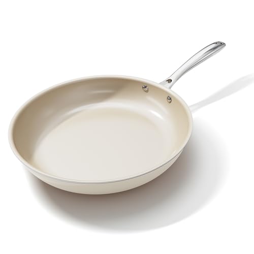 OUBRL Nonstick Frying Pan Skillet, Ceramic Non-Stick Saute Pans, Cooking Fry Pan, All Stovetops (Gas, Electric & Induction), Dishwasher/Oven Safe, PFAS-Free Cookware(Cream White, 11 Inch)