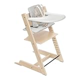 Stokke Tripp Trapp High Chair 2 (Natural), Cushion 2 (Nordic Grey) + Stokke Tray (White) - Includes Chair + Baby Set with Removable Harness for Children 6-36 Months