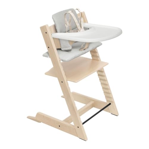 Image of Stokke Tripp Trapp High Chair 2 (Natural), Cushion 2 (Nordic Grey) + Stokke Tray (White) - Includes Chair + Baby Set with Removable Harness for Children 6-36 Months