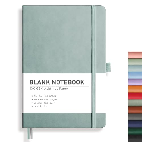 Image of RETTACY Blank Journal Notebook, 192 Pages, A5 Medium Size (5.7'' x 8.3'') | Leather Hardcover, 100 GSM Thick Paper, for Sketching, Drawing, Painting (Blue-gray)