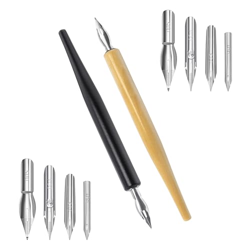 Quacc Comic Dip Pen Set 2 Pen Holders and 10 Replacement Nibs Wooden Calligraphy Holder with 5 Different Stainless Steel Nib for Writing Painting Signing
