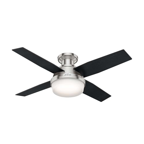 Hunter 44 inch Indoor Ceiling Fan with LED Light and Remote Control - Modern Ceiling Fan, Low Profile Mount, 4 Black Oak Blades, For Bedroom, Living Room, or Kitchen - Dempsey 59243, Brushed Nickel