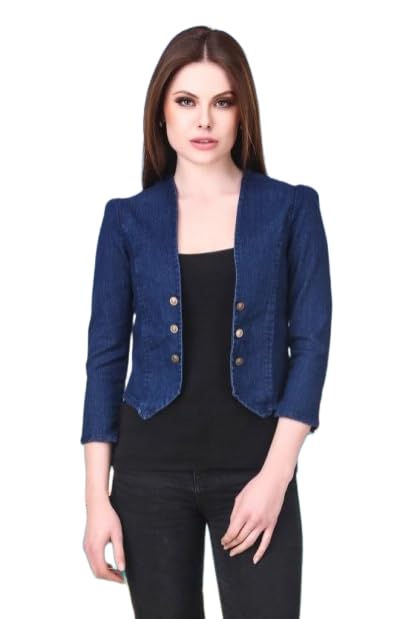Wingzss Women's Cropped Denim Jacket, 3/4 Sleeve, Navy Blue-picture-42