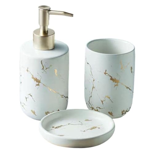 バスルームコンテナセット バスルームアクセサリーセット ソープディッシュ カップディスペンサー セラミック大理石風 ローション ファームハウス風の家庭用デコレーション(White 3pcs)