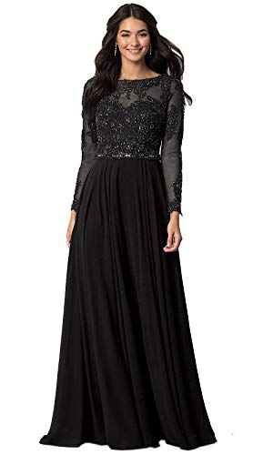 Aofur Womens Long Sleeve Chiffon Party Evening Dress Formal Wedding Prom Cocktail Ladies Lace Maxi Dresses (Large, Black)
