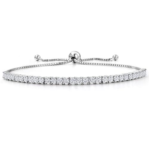 Gem Stone King 2.00 Cttw White Lab Grown Diamond Tennis Bracelet for Women | 925 Sterling Silver | Round 2.5MM | E-F Color | VVS-VS Clarity | Adjustable Bolo Bracelet | Fits Up To 9 Inch Wrist