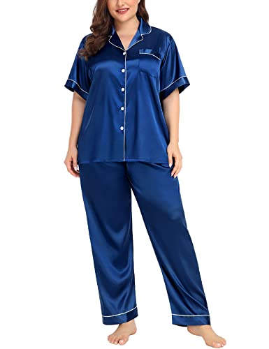 Image of SWOMOG Women's Plus Size Pajamas Silk Satin Pajama Set Short Sleeve Shirt with Full-Length Pants Pjs Sleepwear Set 18W-26W