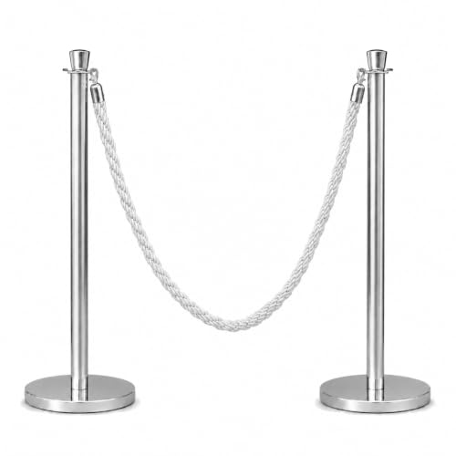 Mirror Taper Top Decorative Rope Safety Queue Stanchion Barrier in 3 pcs Set, VIP Crowd Control (72" Pearl White Braided)