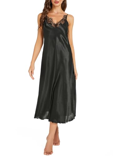 Image of Litherday Silk Nightgown for Women Long Satin Slip Dress Nightdress Silky Chemise Nightie Soft V Neck Nightwear