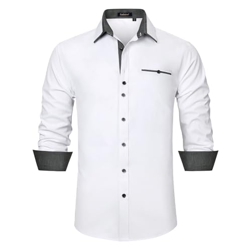 Enlision Camisas de vestir para hombre, de manga larga, formal, informal, corte recto, camisas con botones, blanco/negro, XXL
