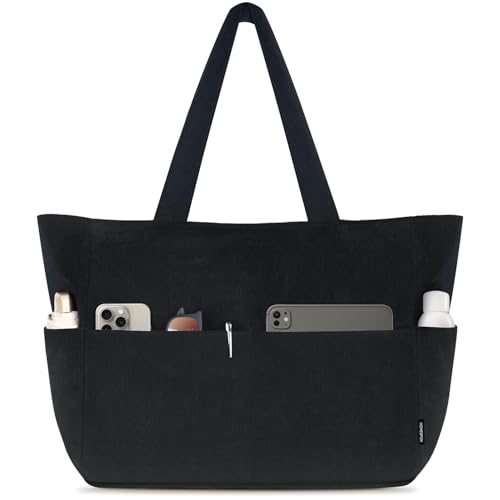 HOMESPON Corduroy Tote Bag for Women with Zipper Large Shoulder Bag Handbag for Work School Shopping Travel Gym Black L