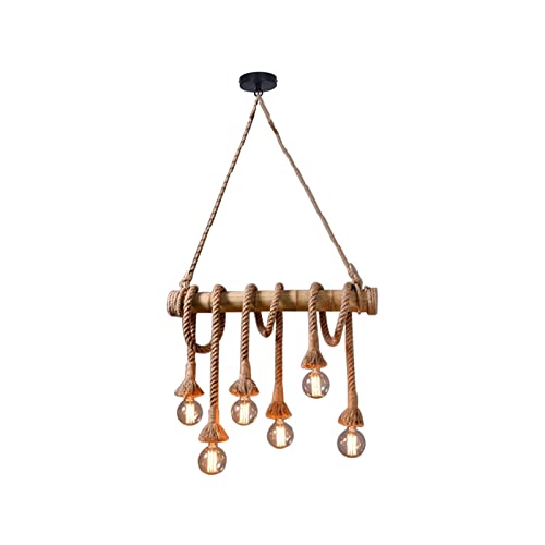 LFsem 6 lumières bambou chanvre corde luminaires suspendus rétro surdimensionné lustre plafonnier pour îlot de cuisine (6 lumières) Cover