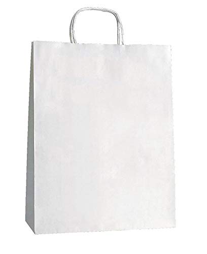 Yearol K11 50 Bolsas de papel blancas con asa rizada. 30 * 22 * 9 Especial para regalo, comunión, eventos, bodas, cumpleaños, comercio, compra, venta, manualidades, transporte. Base plana cuadrada