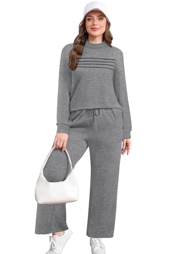 Image of WIHOLL Two Piece Sets for Women Fall Travel Vacation Outfits 2026 Long Sleeve Lounge Sets Side Slit Wide Leg Pants XS-3XL