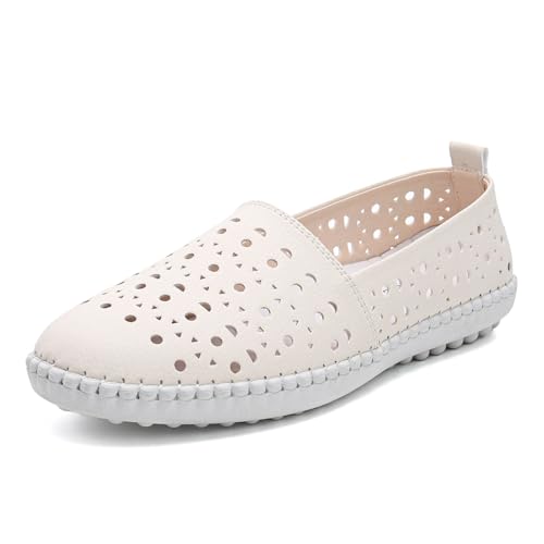 Image of Women's Summer Slip On Loafers, Breathable Perforated Hollow Cutout Flats, Comfortable Vegan Leather Walking Work Shoes for Women, Heart Floral Geometric Pattern Soft Sole Casual Summer Footwear