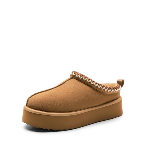 DREAM PAIRS Women's Slippers for Women Genuine Suede Platform Slip-on Warm Slippers Winter Fluffy Warm Comfy Furry Shoes for Outdoor Indoor FuzzyEasy,Size 8,Chestnut